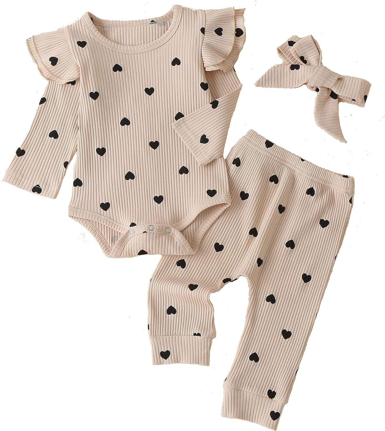 Baby Girl'S 3Pc Rib Frill Long Sleeve Romper and Pant Set