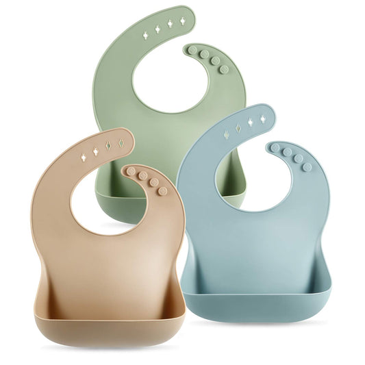 Set of 3 Silicone Baby Bibs Waterproof, Soft, Unisex, 10-72 Months (Brown/Blue/Green)