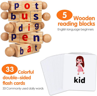 Montessori Toys for Toddlers 2 3 4 Years Old Wooden Reading Blocks Flash Cards Short Vowel Turning Rotating Matching Letters Toy for Kids Educational Alphabet Learning Toys for Preschool Boys Girls