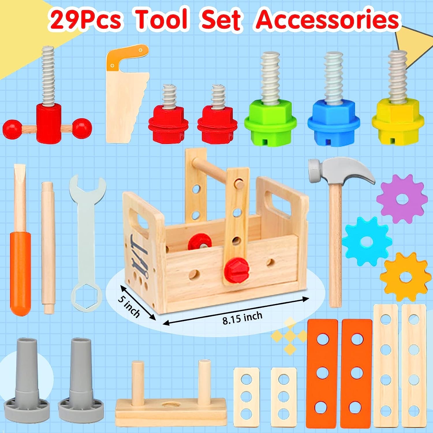 Kids Tool Set - 29 PCS Wooden Toddler Tool with Box, Montessori STEM Educational Pretend Play Construction Toy for 2 3 4 5 6 Year Old Boys Girls, Best Birthday Gift