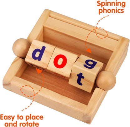 Montessori Toys for Toddlers 2 3 4 Years Old Wooden Reading Blocks Flash Cards Short Vowel Turning Rotating Matching Letters Toy for Kids Educational Alphabet Learning Toys for Preschool Boys Girls