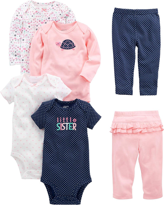 Baby-Girls 6-Piece Bodysuits (Short and Long Sleeve) and Pants Set