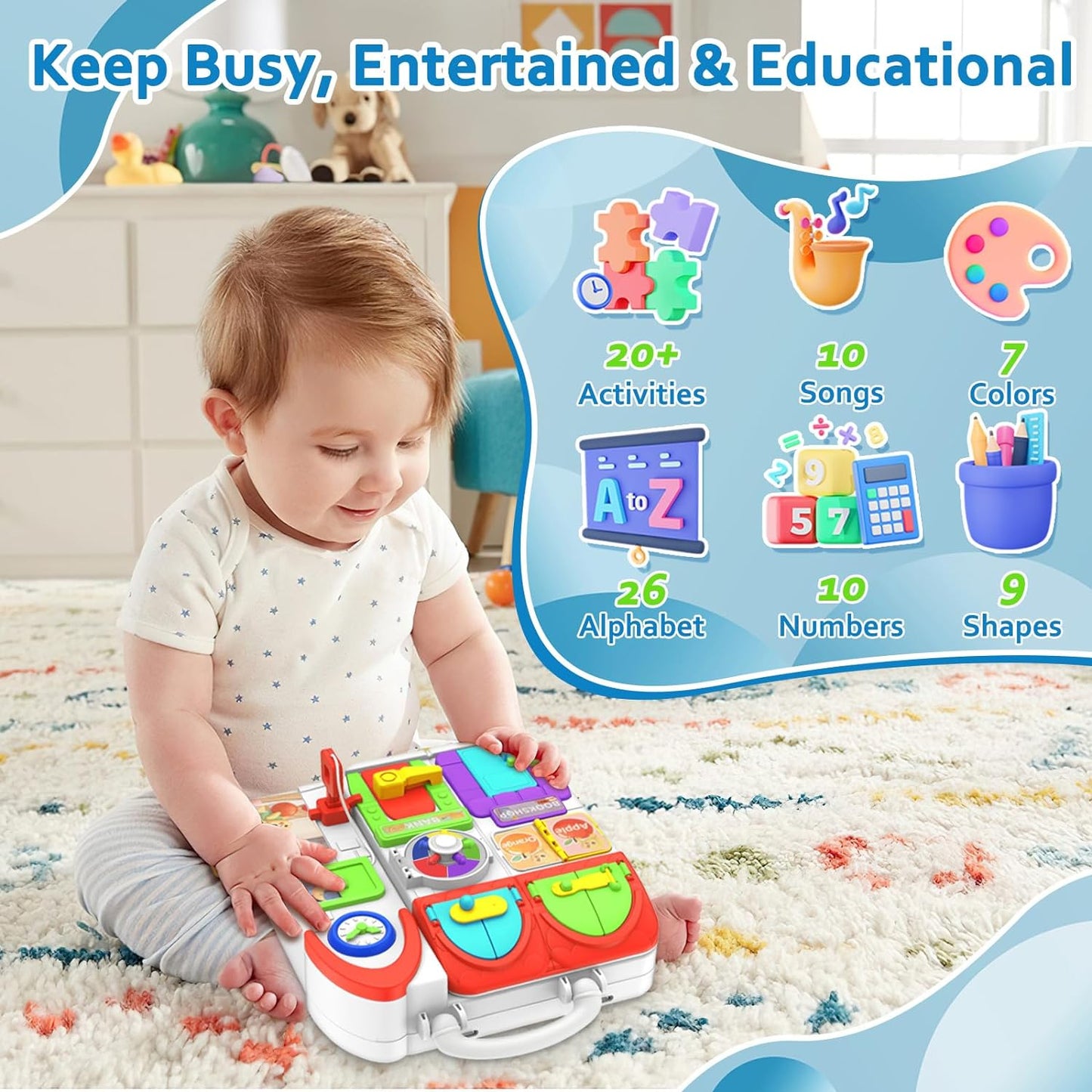 Toddler Toys for 1-2 Year Old Boy, Musical Montessori Busy Board, Early Educational Toy for Toddlers 1-3, Motor Skills Developmental Toy for 12-18 Month Age, Birthday Gift for 1+ Year Old Boy Girl