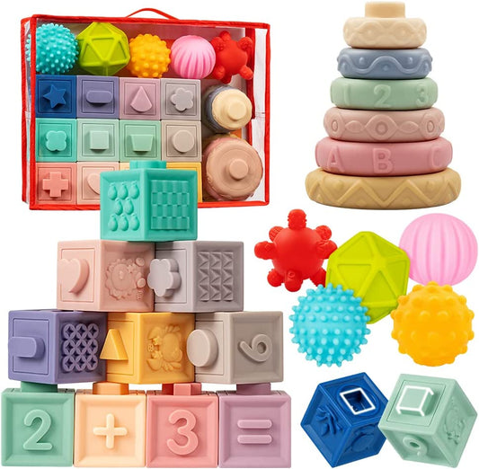 Baby Toys 6-12 Months, Montessori Toys for Babies 6-12 Months, Incl Stacking Building Blocks & Soft Infant Teething Toys & Sensory Balls for Toddlers 0-3-6-9-12 Months