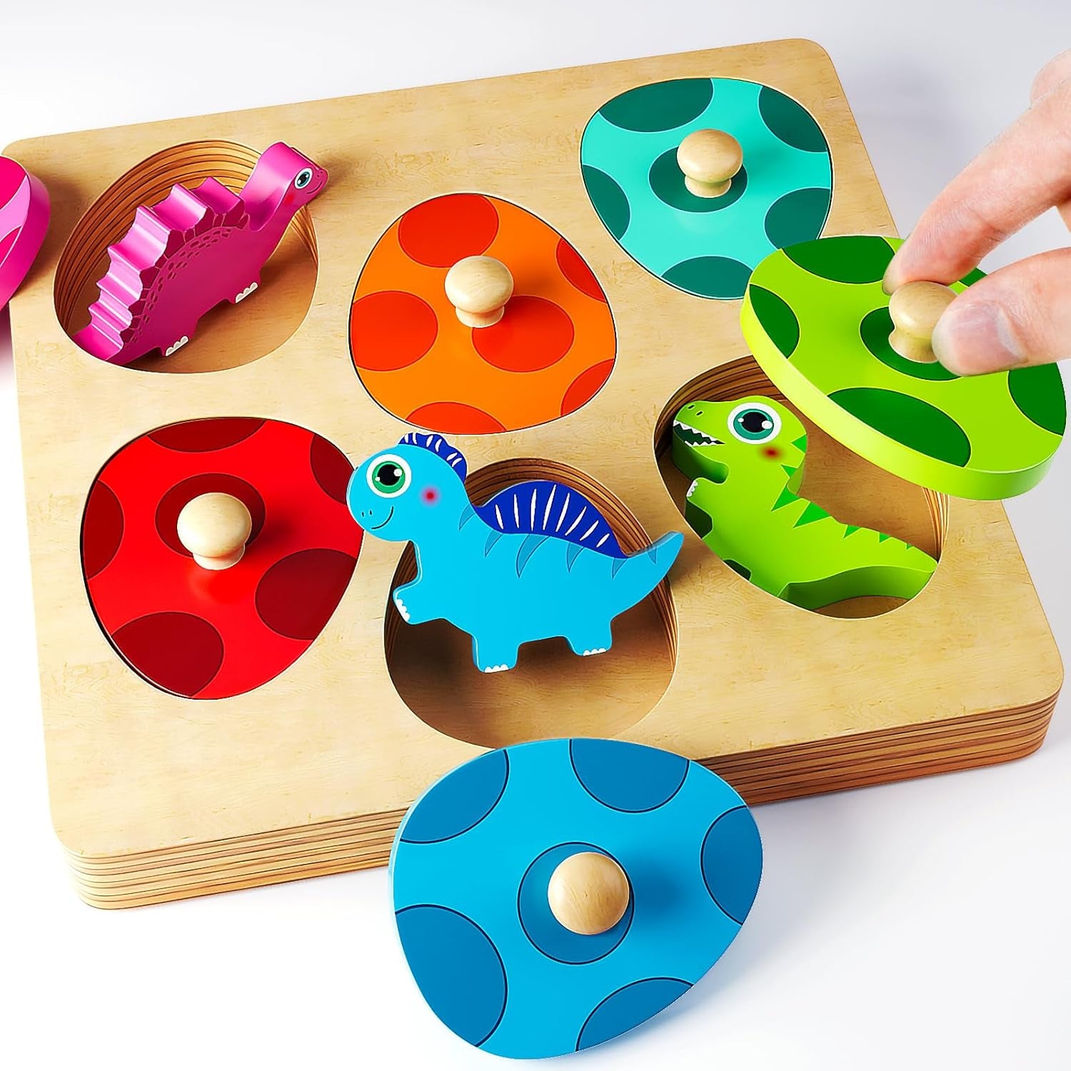 Wooden Puzzles for Toddlers 1-3, Montessori Toys for 1 2 Year Old Boy Girl Birthday Easter Gifts, Dinosaur Match Eggs Peg Puzzles, Preschool Learning Toys for Toddlers Age 1-2