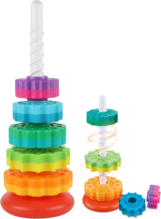 Baby Spinning Stacking Toys for Toddlers 1-3, Rainbow Ring Stacker Montessori Toys for Babies 6-12 Months, 1 2 3 One Year Old Girl Boy Christmas Birthday Gifts, Autism Sensory Learning Toy