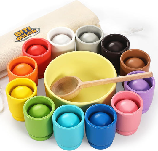 Ball in Cup Montessori Toy Wooden Rainbow Color Sorting Toy for Toddlers Preschool Color Matching Toy - 12 Ball 40Mm