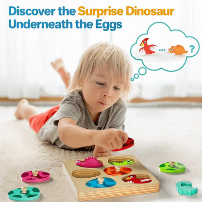 Wooden Puzzles for Toddlers 1-3, Montessori Toys for 1 2 Year Old Boy Girl Birthday Easter Gifts, Dinosaur Match Eggs Peg Puzzles, Preschool Learning Toys for Toddlers Age 1-2