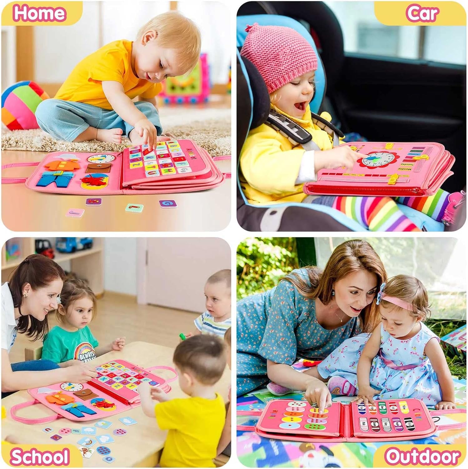 Toddler Busy Board - Montessori Toys for 1-3 Year Old Girl Birthday Gift, Educational Learning Sensory Busy Book for Two Year Old Girl, Airplane Car Travel Activities Toy for Kids Ages 2-4