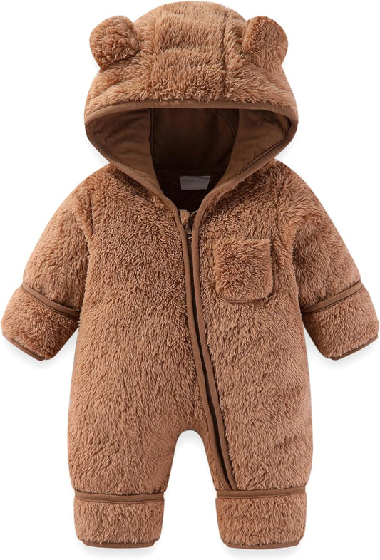 Newborn Baby Bear Onesie Outfit Suit Fold-Over Mittens Footies Girls Boys Winter Fleece Clothes Hooded Jumpsuit Romper