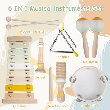 Baby Musical Instruments-Montessori Wooden Toys for Toddlers 1-3,Neutral Colors Percussion Instruments Set with Modern Boho Xylophone for Kids Preschool Educational 3+