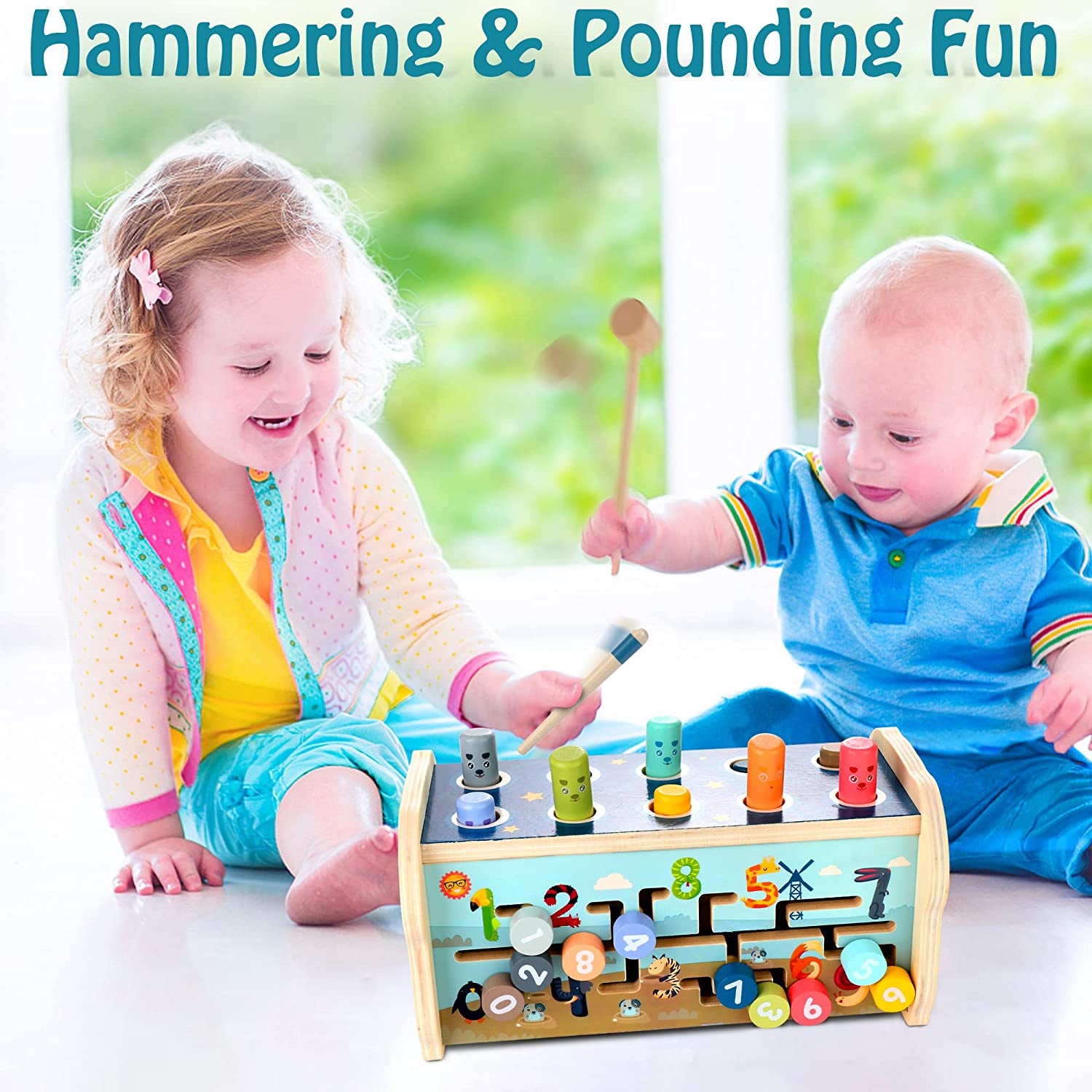 Wooden Hammering Pounding Toy for 12+ Months Kids, Montessori Toys for 1+ Year Old Babies, Early Development Toy with Pounding Bench, Xylophone, Number Sorting Maze, Gifts for Toddlers Age 1-2