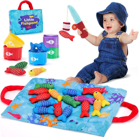 Toddler Toys Montessori Toys for 1 Year Old Boy Girl Birthday Gift -10 in 1 Cloth Fishing Game for Toddler 1-3 with Stacking Cups- Number Counting, Color Sorting, Shape Learning