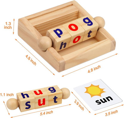 Montessori Toys for Toddlers 2 3 4 Years Old Wooden Reading Blocks Flash Cards Short Vowel Turning Rotating Matching Letters Toy for Kids Educational Alphabet Learning Toys for Preschool Boys Girls