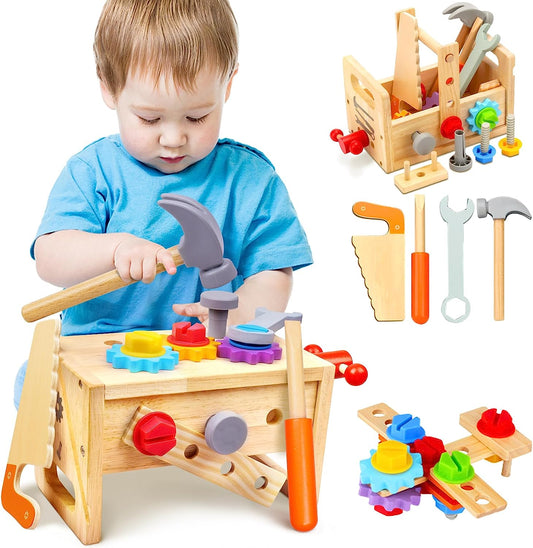 Kids Tool Set - 29 PCS Wooden Toddler Tool with Box, Montessori STEM Educational Pretend Play Construction Toy for 2 3 4 5 6 Year Old Boys Girls, Best Birthday Gift