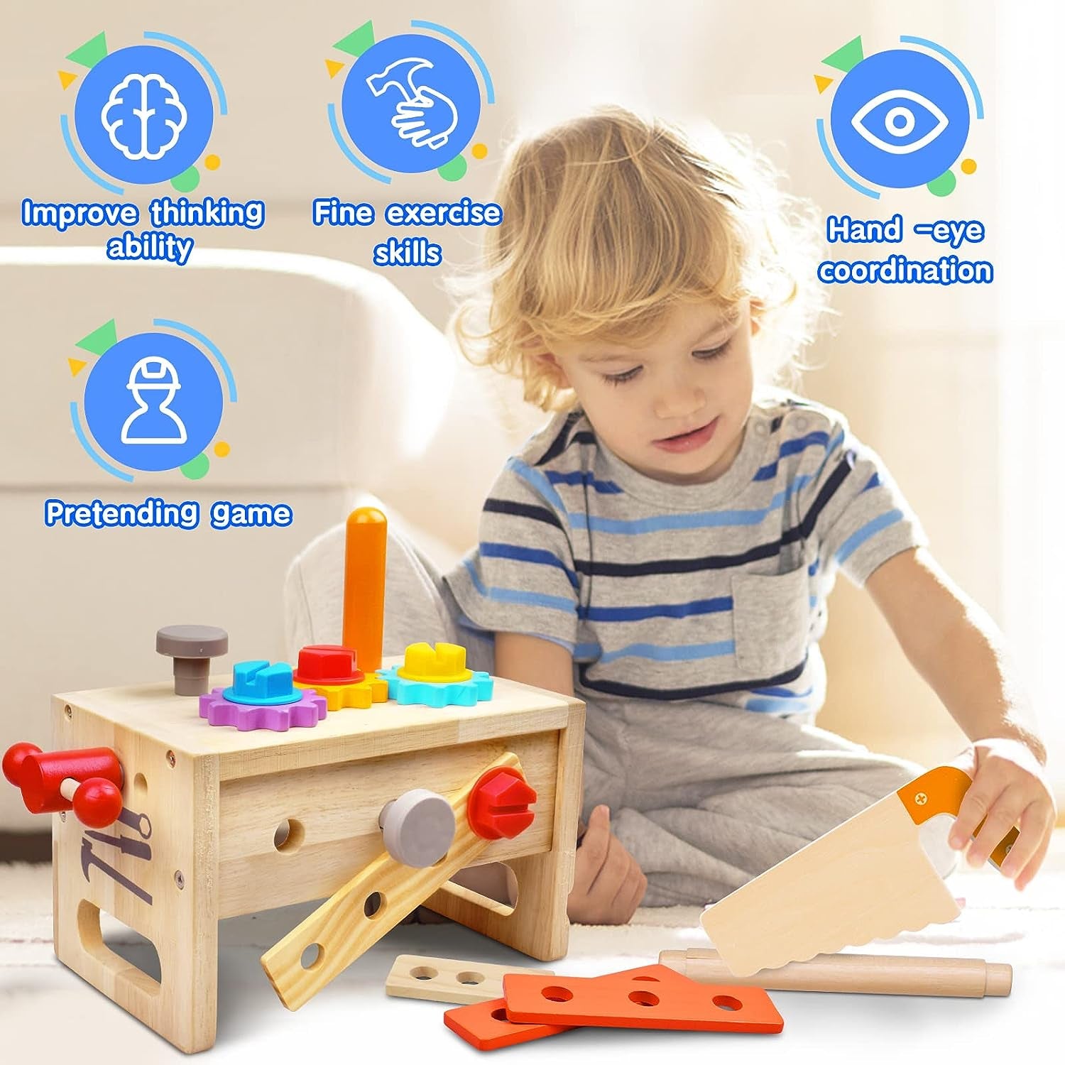 Kids Tool Set - 29 PCS Wooden Toddler Tool with Box, Montessori STEM Educational Pretend Play Construction Toy for 2 3 4 5 6 Year Old Boys Girls, Best Birthday Gift