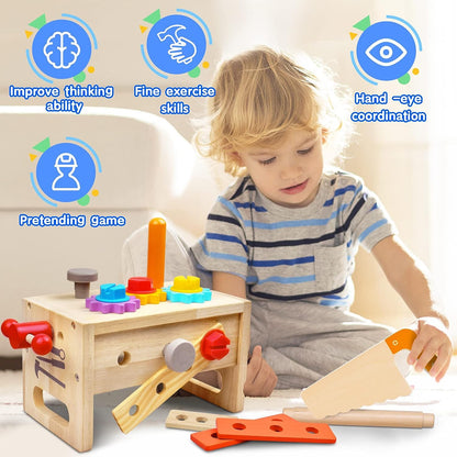 Kids Tool Set - 29 PCS Wooden Toddler Tool with Box, Montessori STEM Educational Pretend Play Construction Toy for 2 3 4 5 6 Year Old Boys Girls, Best Birthday Gift